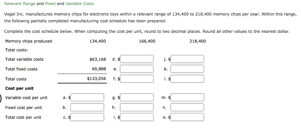  Relevant Range and Fixed and Variable Costs Vogel Inc. manufactures memory