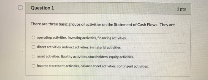  Question 1 1 pts There are three basic groups of activities