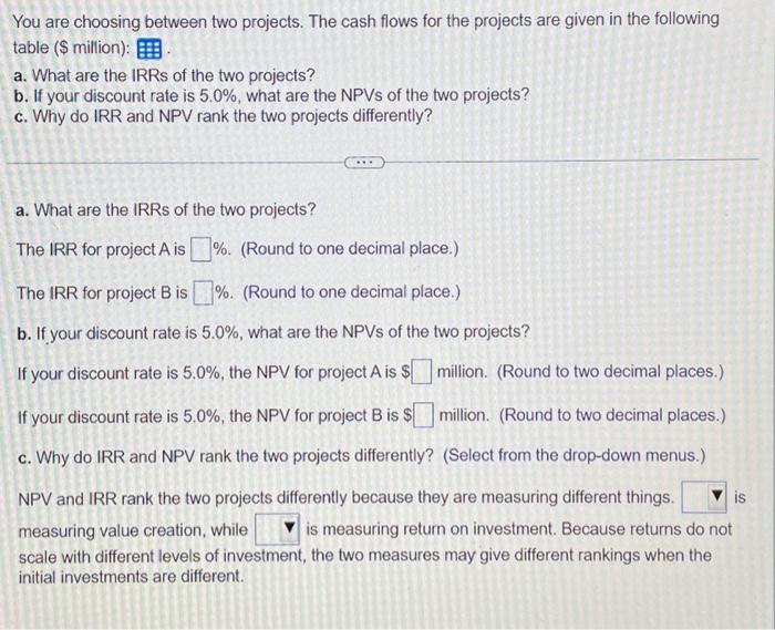 be clear please You are choosing between two projects. The cash flows