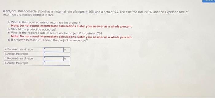  A project under consideration has an internal rate of return of