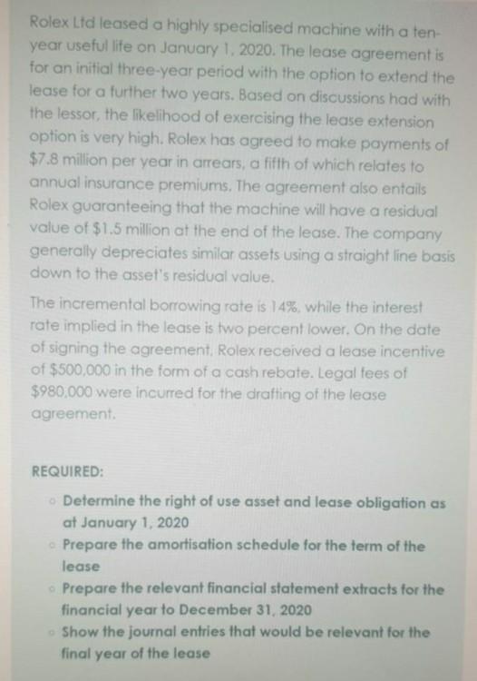 Rolex Ltd leased a highly specialised machine with a ten- year