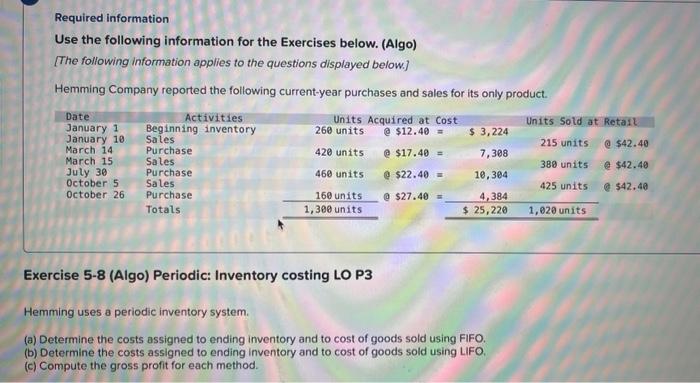  Required information Use the following information for the Exercises below. (Algo)