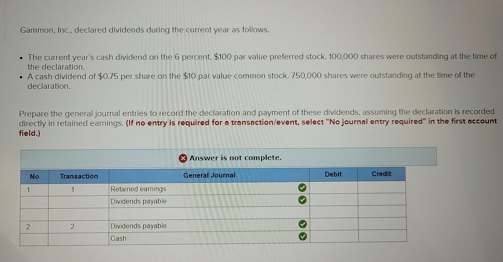 Gammon, Inc., declared dividends during the current year as follows. The