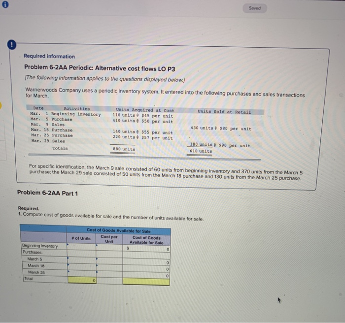  Saved Required information Problem 6-2AA Periodic: Alternative cost flows LO P3