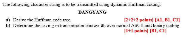  The following character string is to be transmitted using dynamic Huffman