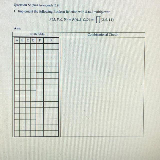  Question 5: (20.0 Points each 10.0) 1. Implement the following Boolean