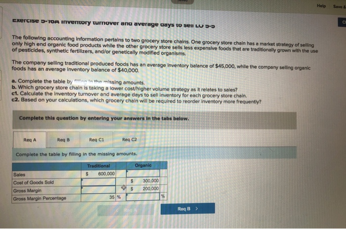  Help Save & Exercise D-10A Inventory turnover and average days to