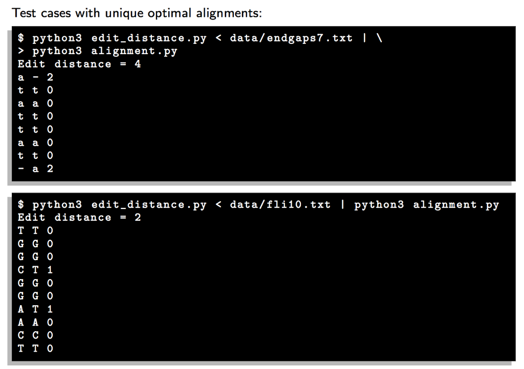standard input, the output produced by edit_distance.py, ie, input strings x and