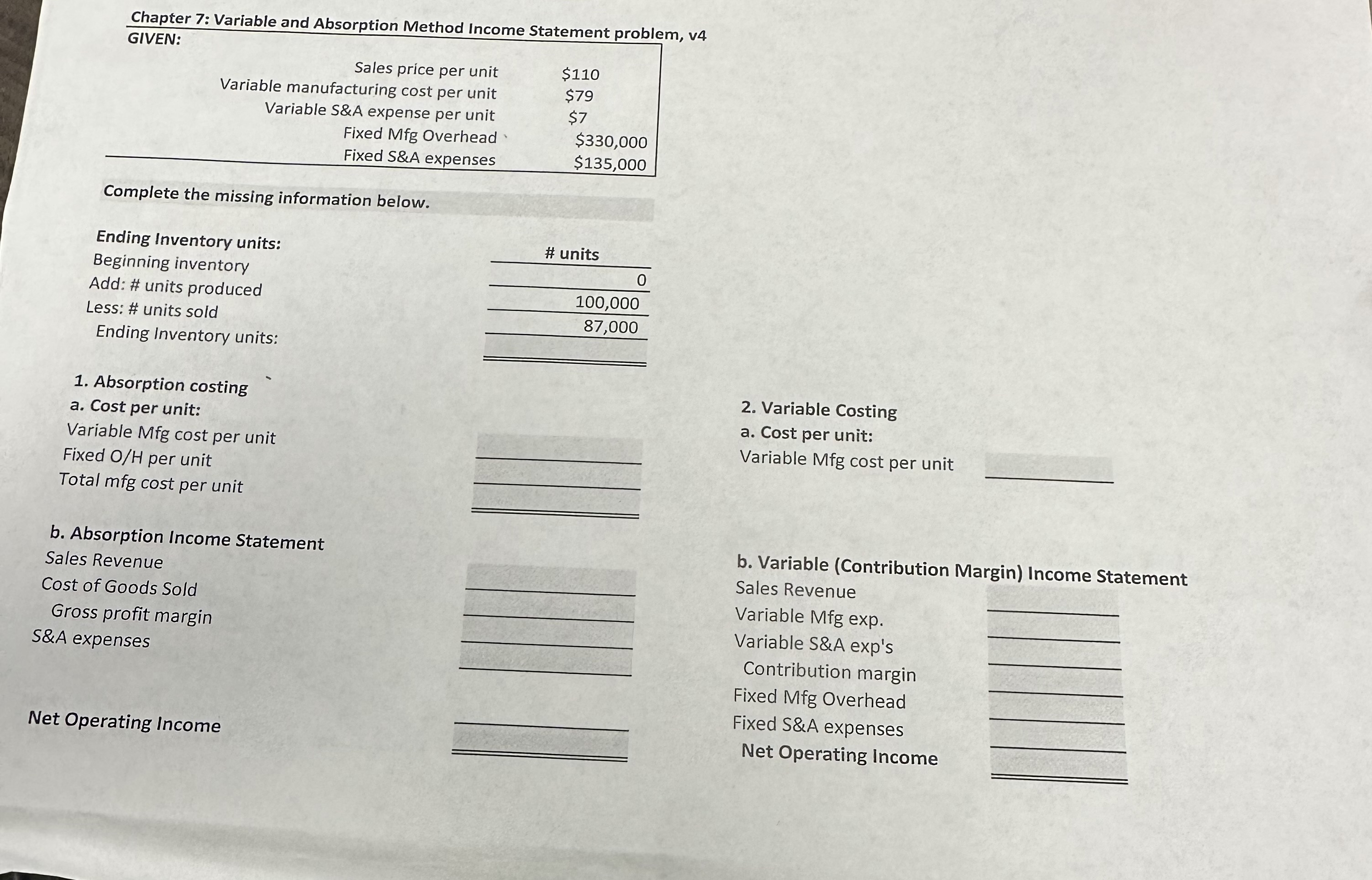  Chapter 7: Variable and Absorption Method Income Statement problem, v4 GIVEN: