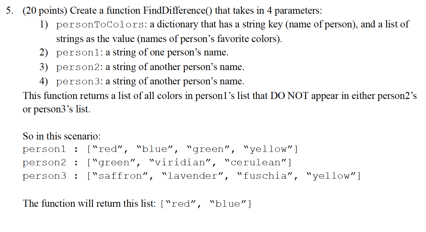  (20 points) Create a function FindDifference() that takes in 4 parameters: