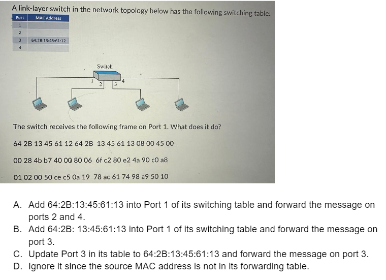  A link-layer switch in the network topology below has the following