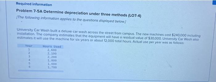  Required information Problem 7-5A Determine depreciation under three methods (L07-4) [The