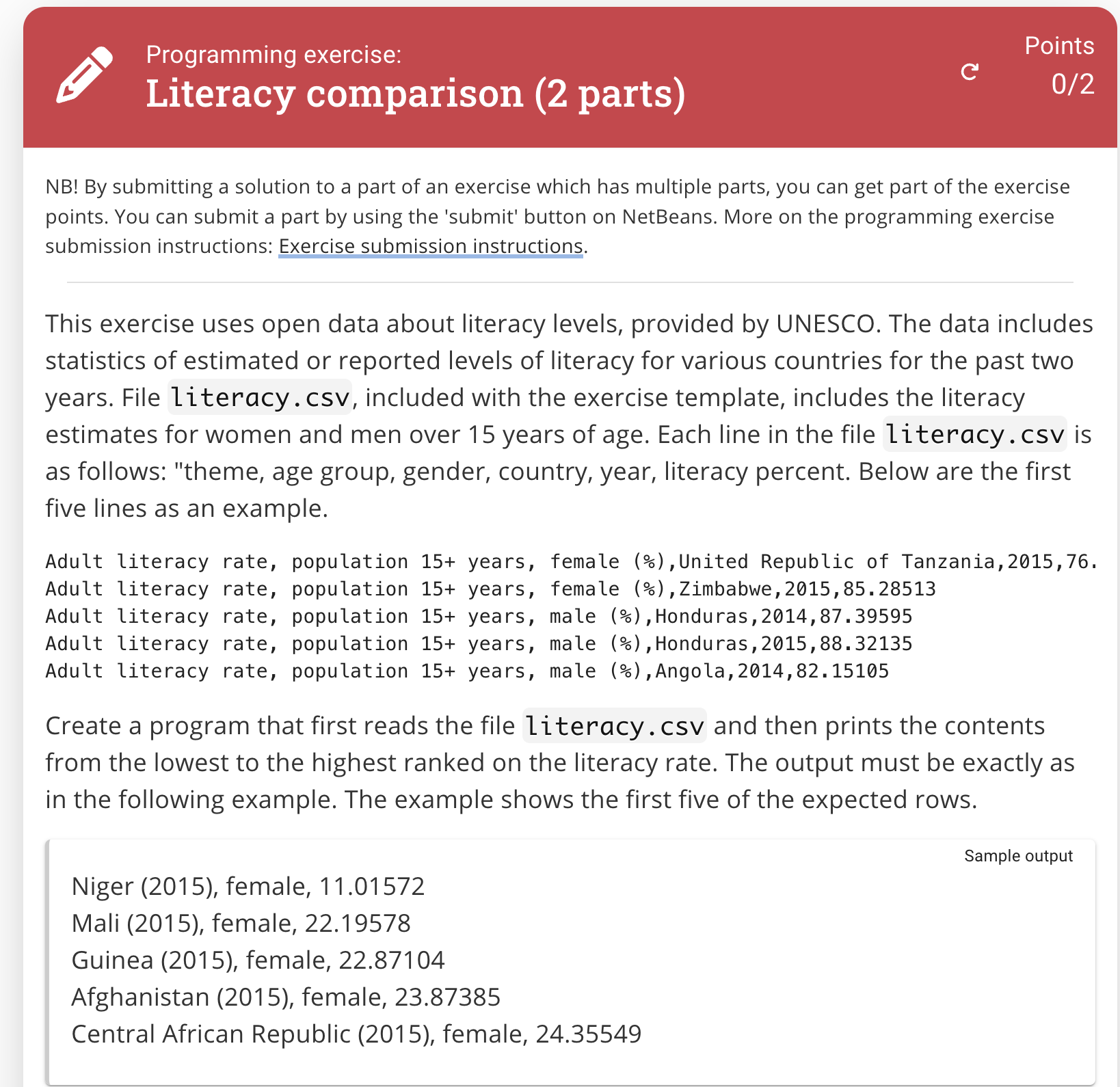  In Java... Exercise submission instructions. This exercise uses open data about