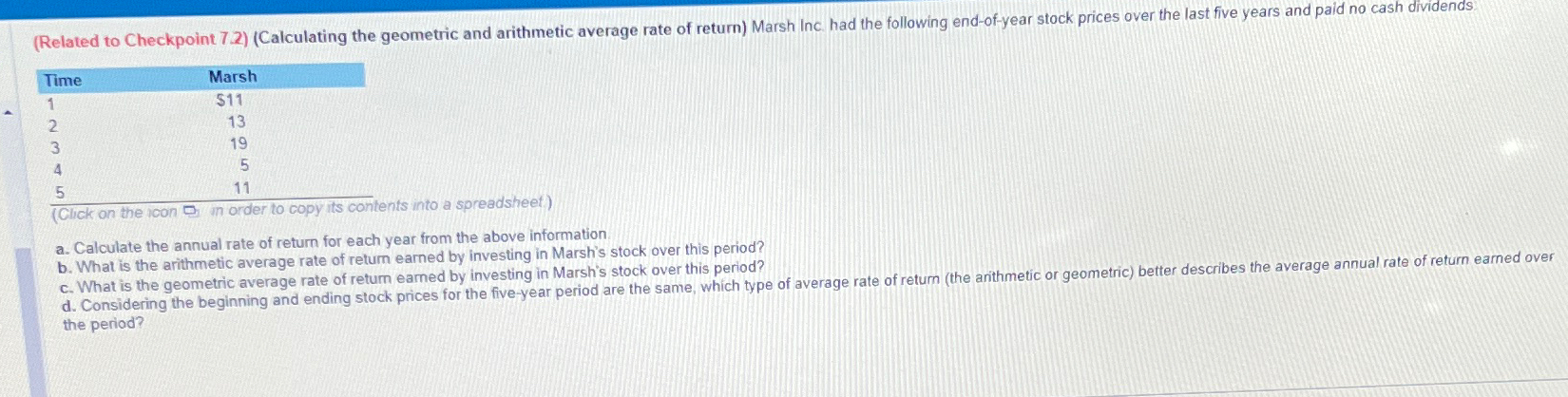  \table[[Time,Marsh],[1,511],[2,13],[3,19],[4,5],[5,11],[(Click on the icon,]] a. Calculate the annual rate of return