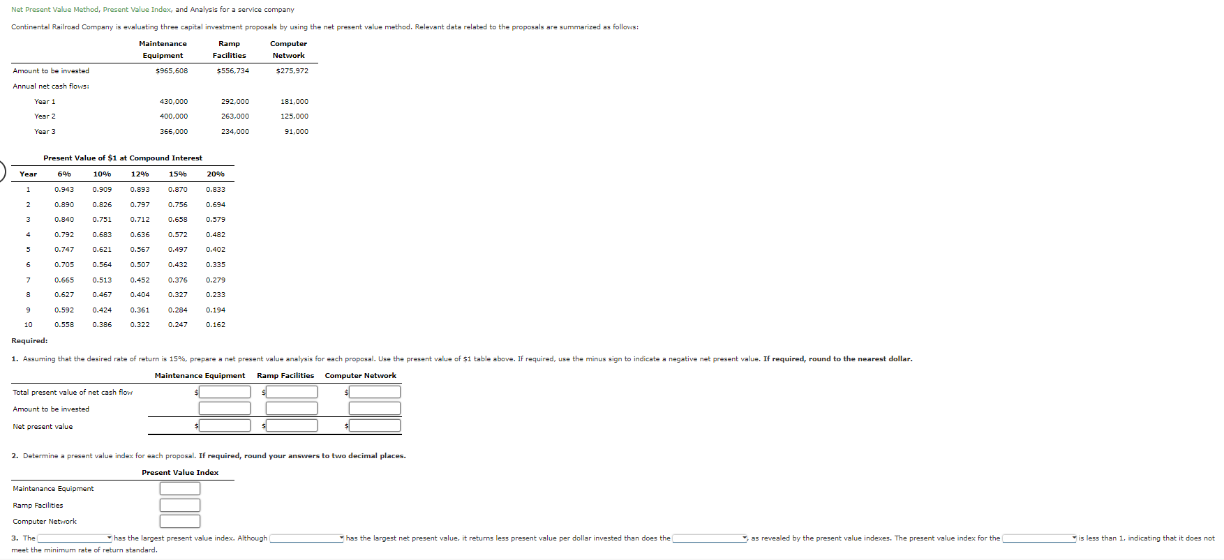 2. Determine a present value index for each proposal. If required,