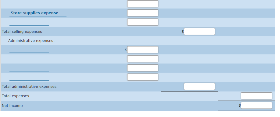 Salaries Expense Advertising Expense Depreciation Expense Store Supplies Expense Miscellaneous Selling Expense