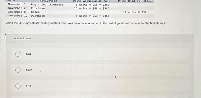  Using the LIFO perpefual inventory method, what was the amount recorded