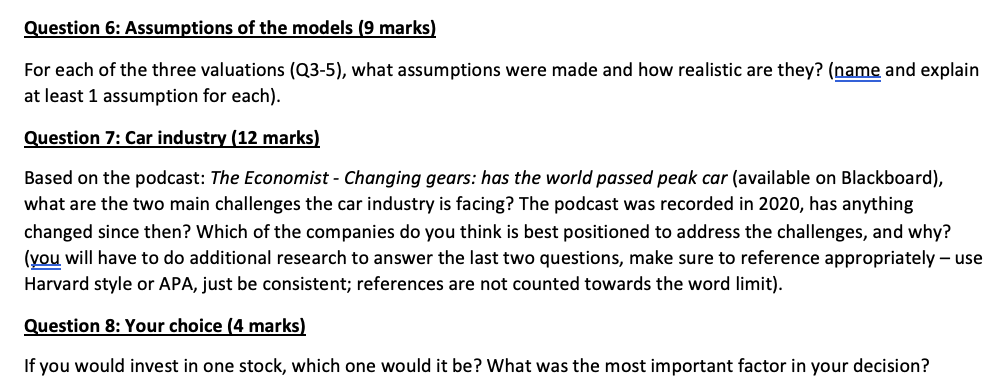 Question 6: Assumptions of the models ( 9 marks) For each