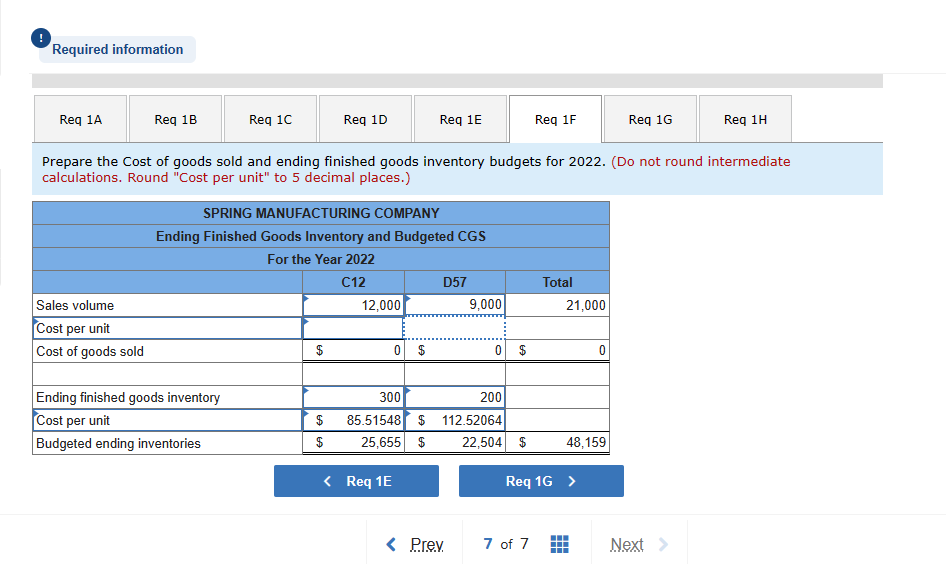 Please answer requirement 1-F & 1-H Spring Manufacturing Company makes two components