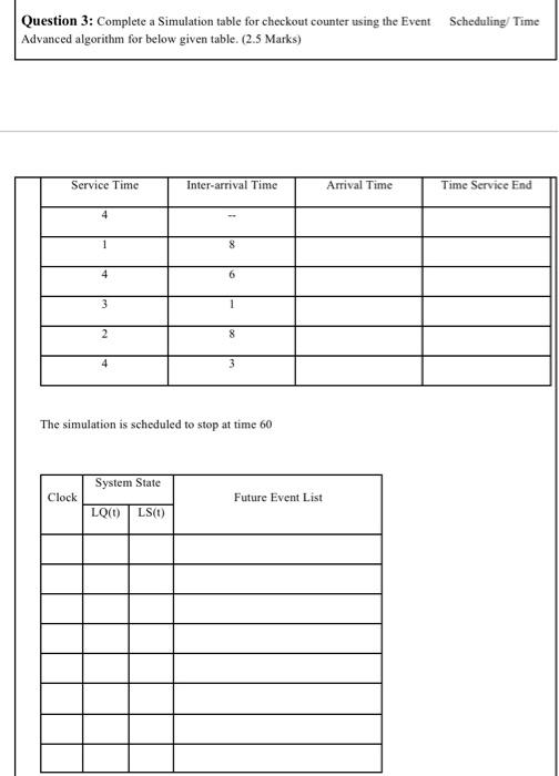  Question 3: Complete a Simulation table for checkout counter using the