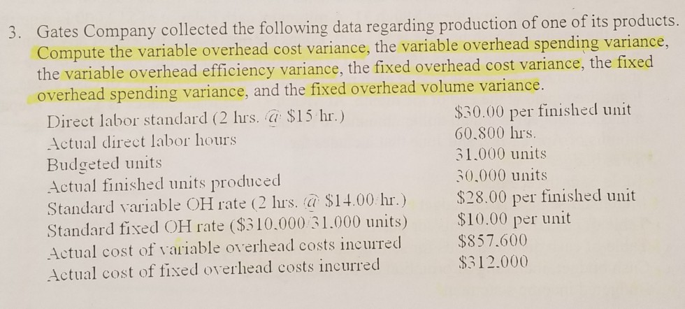  Compute variable overhead cost, spending and efficiency variance and fixed overhead