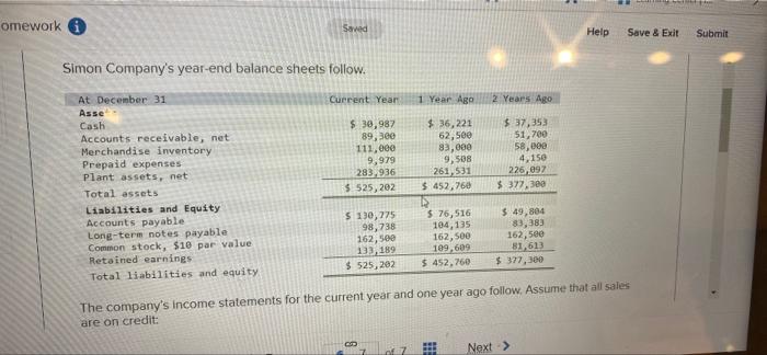  omework Saved Help Save & Exit Submit Simon Company's year-end balance