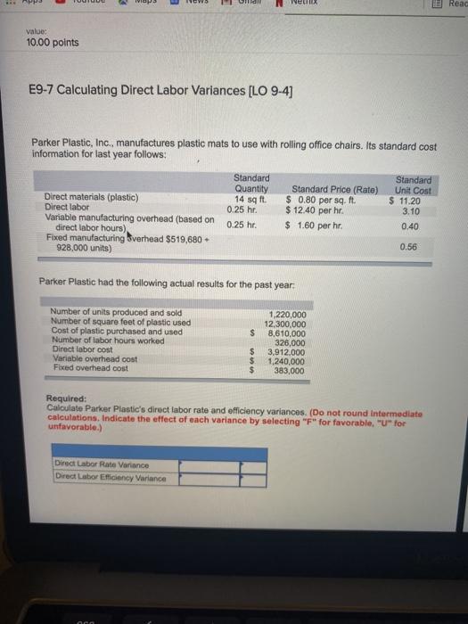  Read value: 10.00 points E9-7 Calculating Direct Labor Variances [LO 9-4]