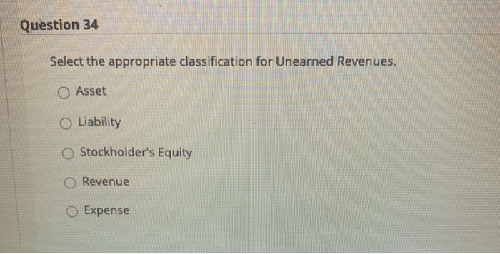 O Liability O Stockholder's Equity Revenue O Expense Question 34 Select the