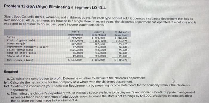  Problem 13-26A (Algo) Eliminating a segment LO 13.4 Stuart Boot Co.