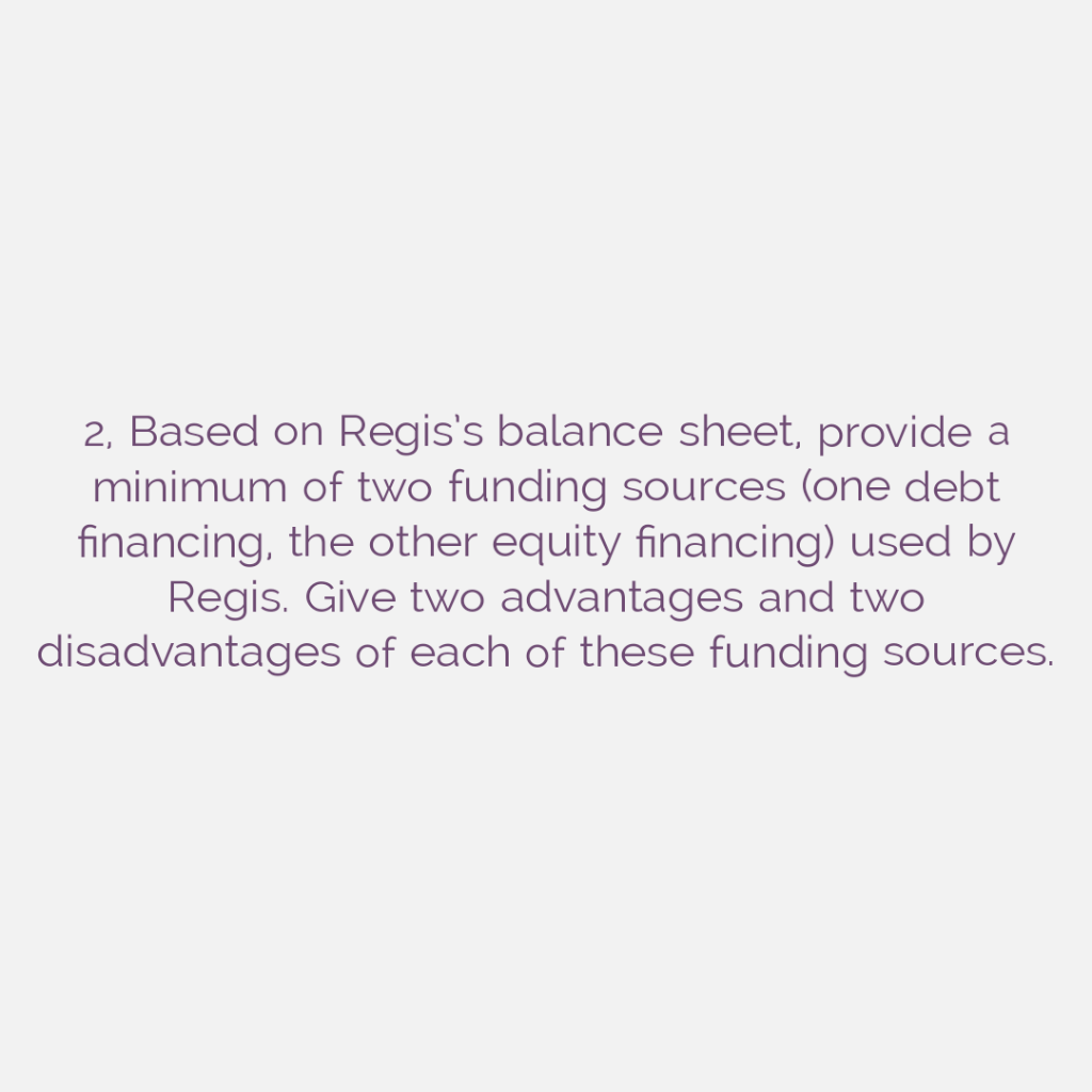 Reference: https://www.sec.gov/Archives/edgar/data/716643/000071664320000042/rgs-20200630.htm 2. Based on Regis's balance sheet, provide a minimum
