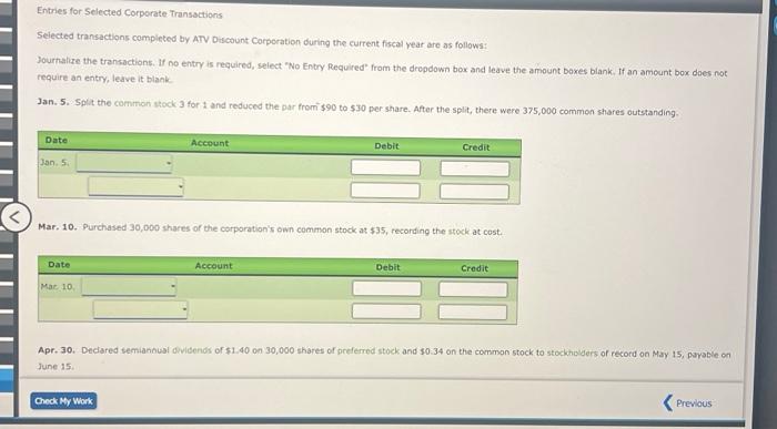  Entries for Selected Corporate Transactions Selected transactions completed by ATV Discount