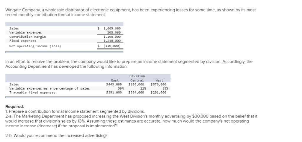  Required 1. Prepare a contribution format income statement segmented by divisions