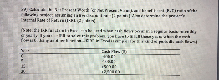  39). Calculate the Net Present Worth (or Net Present Value), and