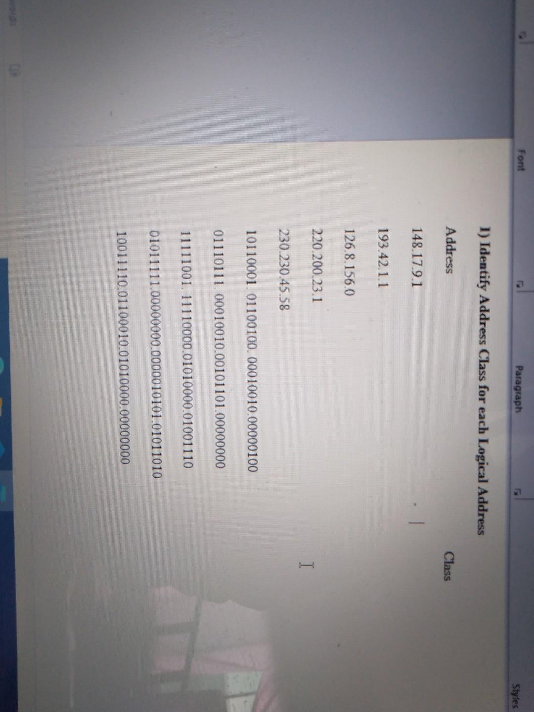  (Ip address) Font Paragraph Styles 1) Identify Address Class for each