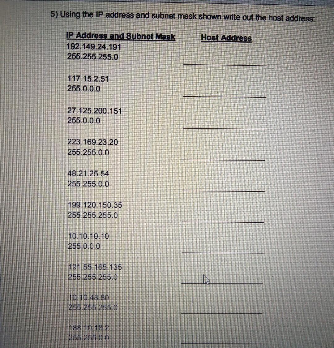 portion of these addresses: 117.89.56.45 215.45.45.0 10.250.1.1 150.10.15.0 192.14.2.0 3) Circle the