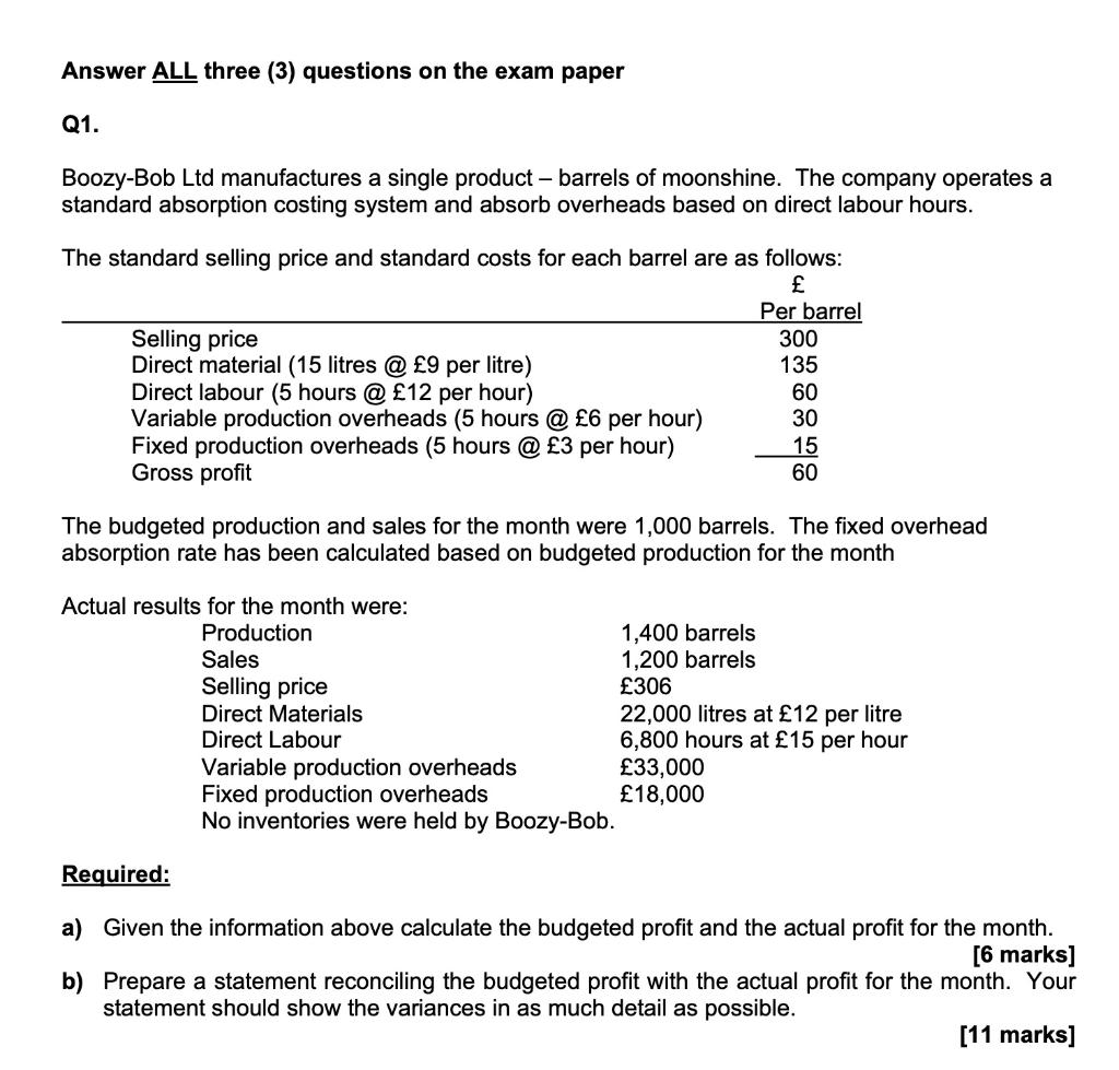 Answer ALL three (3) questions on the exam paper Q1. Boozy-Bob