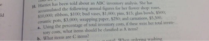  Harriet has been told about an ABC inventory analysis She has