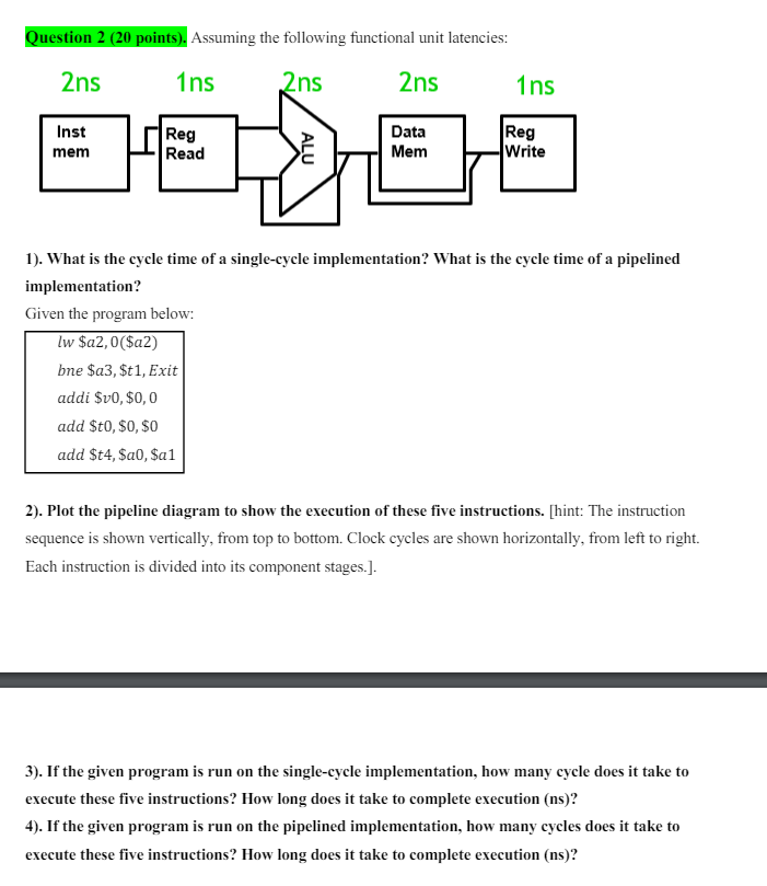  Question 2(20 points). Assuming the following functional unit latencies: . What