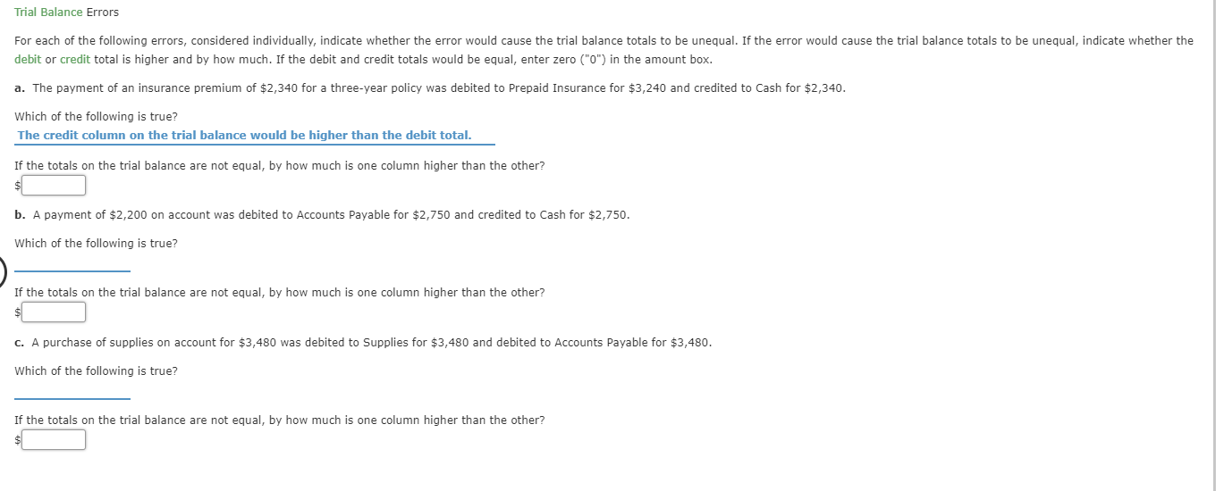 Trial Balance Errors For each of the following errors, considered individually,