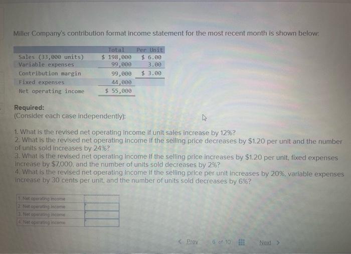  Miller Company's contribution format income statement for the most recent month