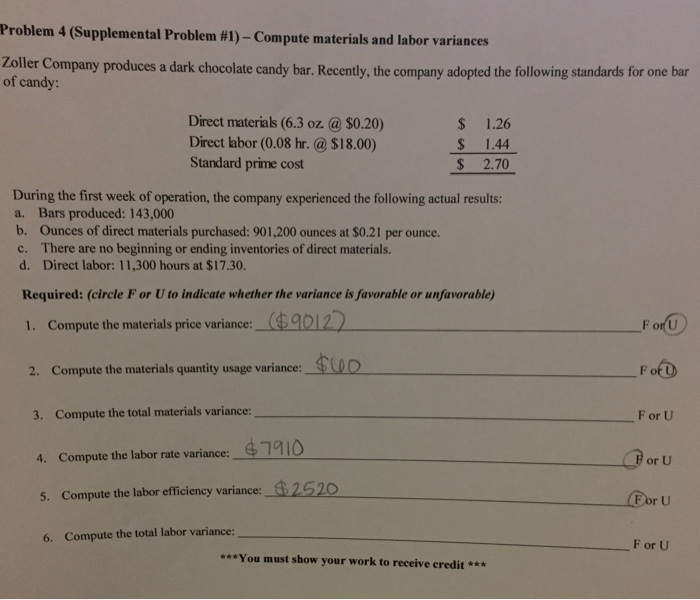  Problem 4 (Supplemental Problem #1)-Compute materials and labor variances Zoller Company