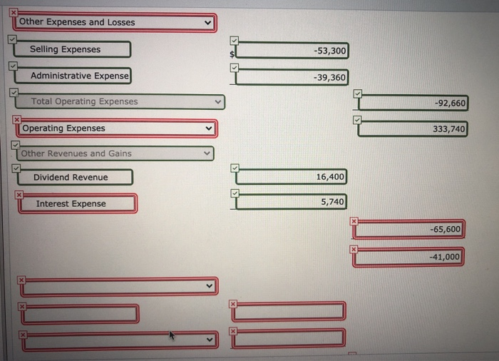 Expenses and Losses Selling Expenses -53,300 > Administrative Expense -39,360 Net Income