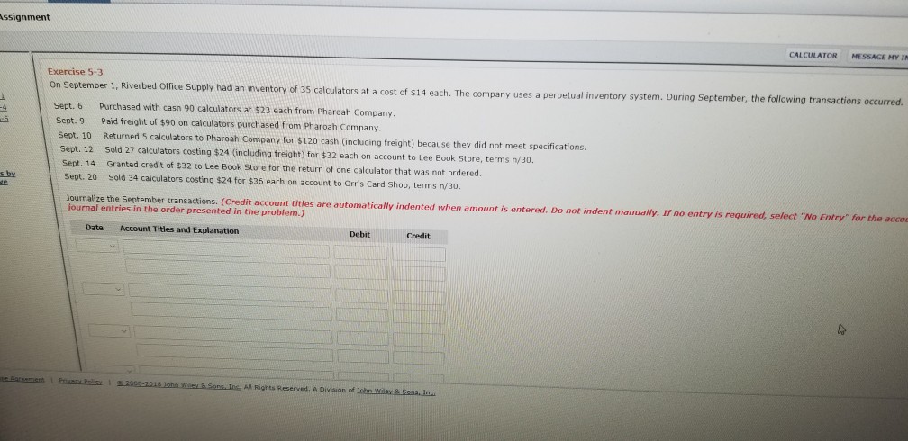  fill in charts ssignment CALCULATOR MESSAGE M?N Exercise 5-3 on September
