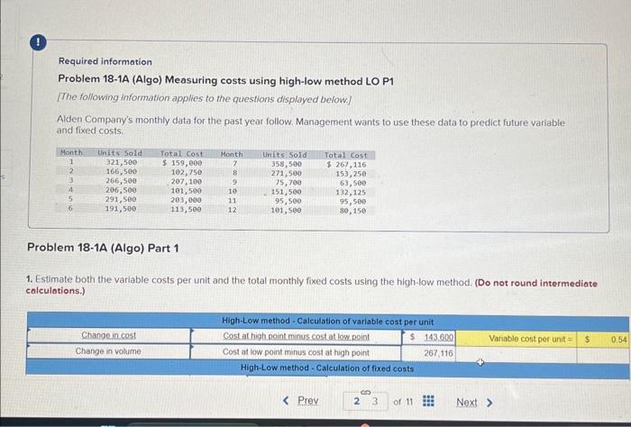  Required information Problem 18-1A (Algo) Measuring costs using high-low method LO