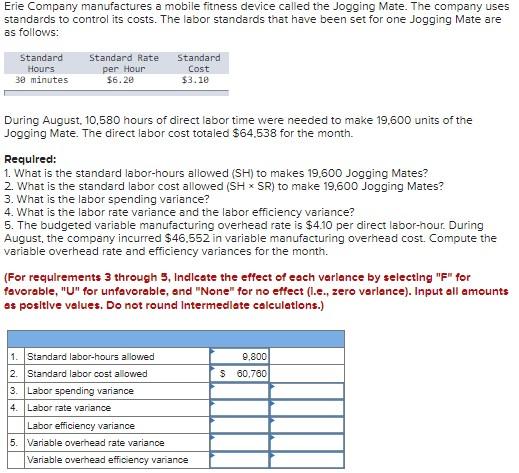 Exercise 10-4 (Algo) Direct Labor and Variable Manufacturing Overhead Variances [LO10-2, LO10-3]