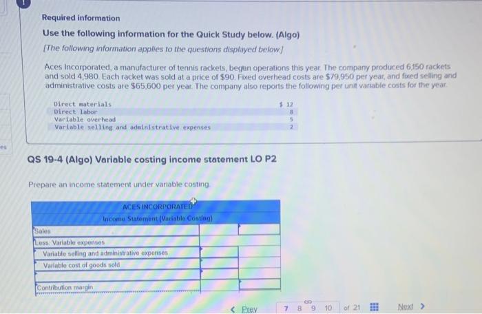  Required information Use the following information for the Quick Study below.