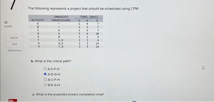  The following represents a project that should be scheduled using CPM: