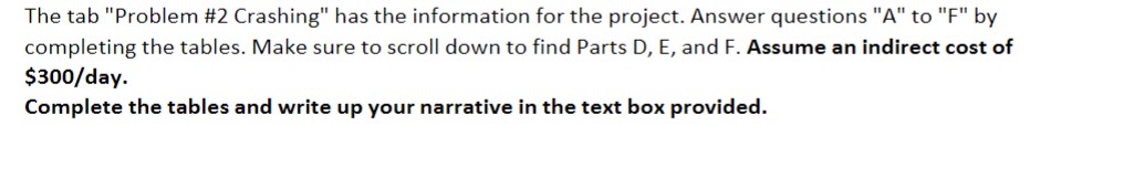  The tab "Problem \#2 Crashing" has the information for the project.