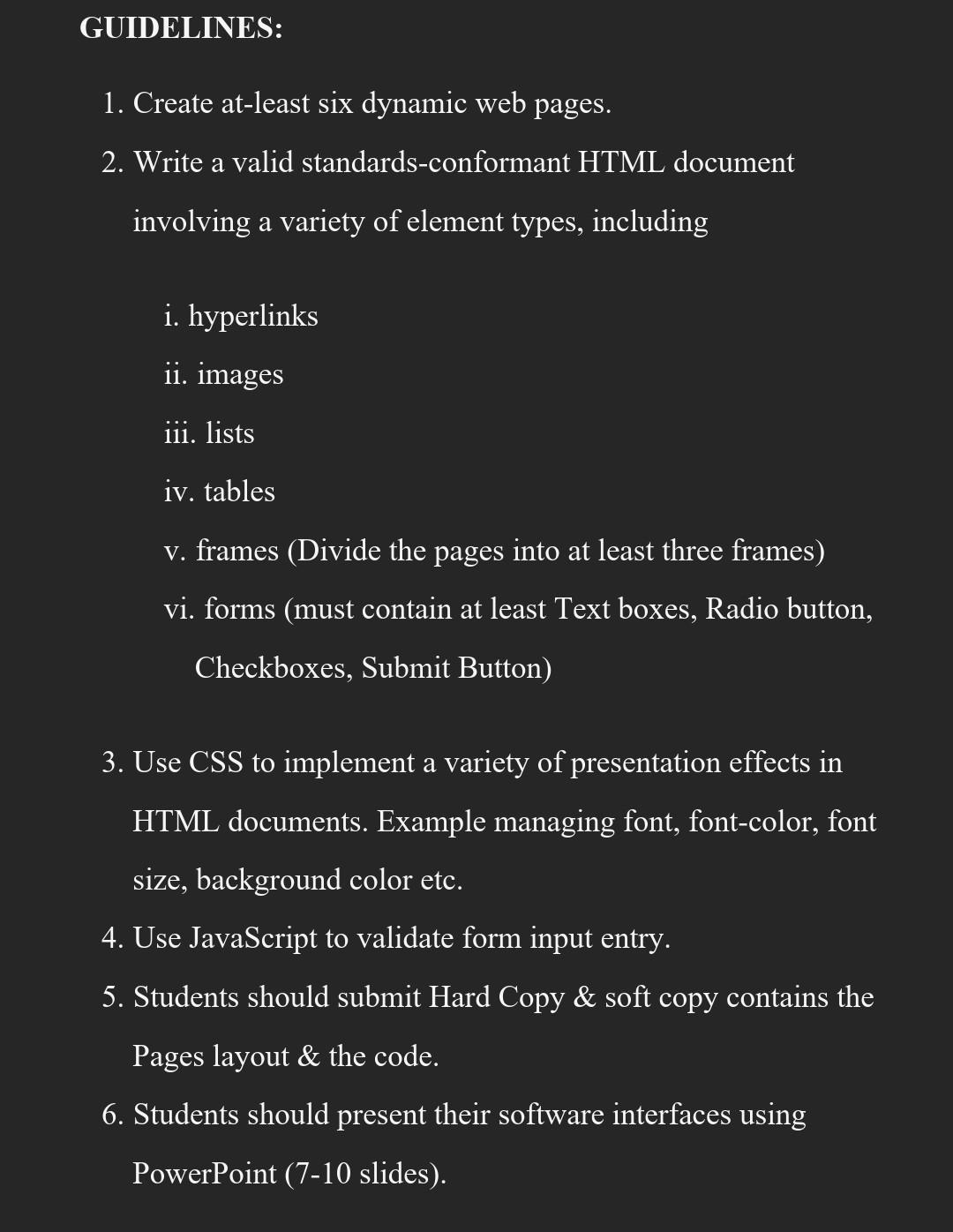 I want solutions for html i have mini projects GUIDELINES: 1. Create