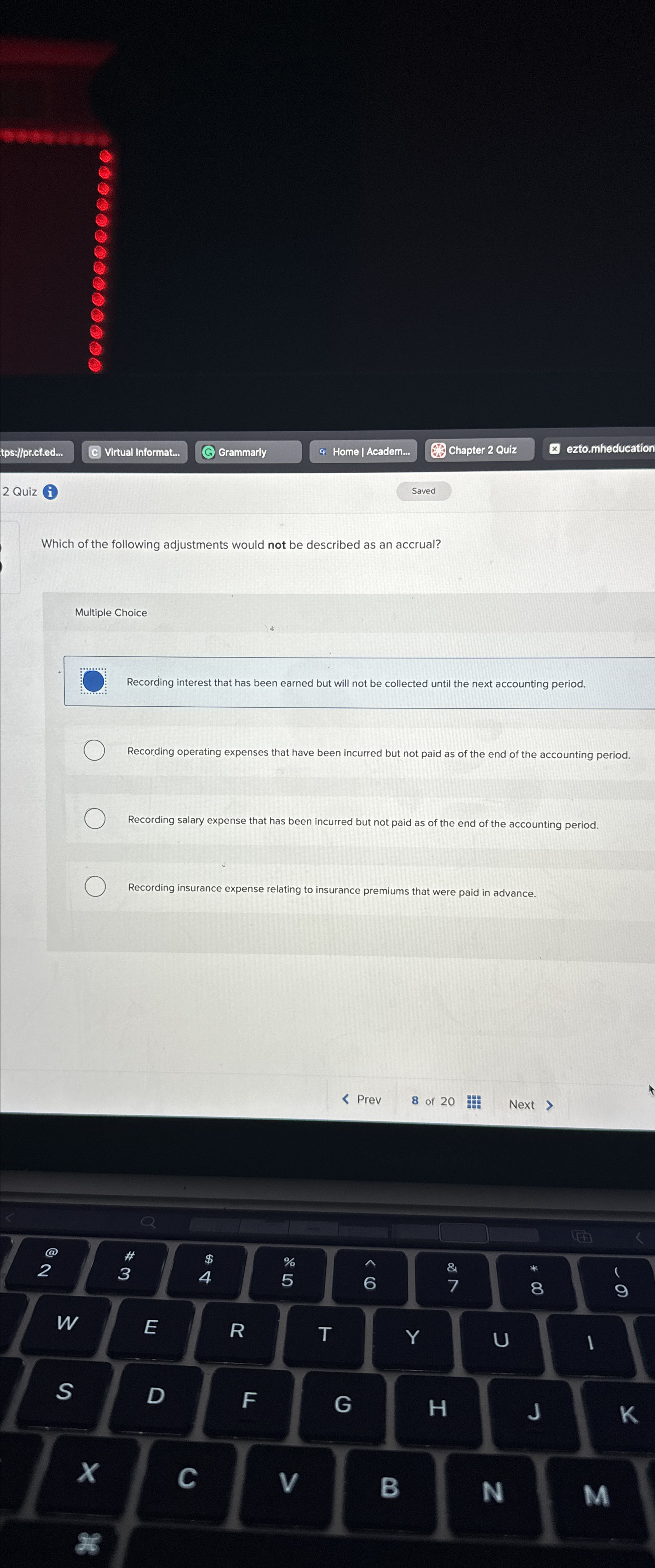 tps://profied.\ Virtual Informat.\ Grammarly\ Home | Academ.\ Chapter 2 Quiz\ ezto.mheducation\ 2